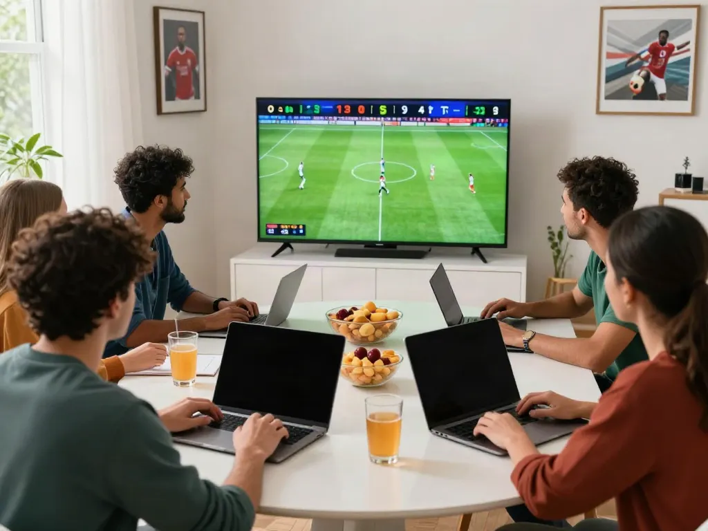 Exciting sports betting scene at WWBOLA with friends enjoying a soccer match.