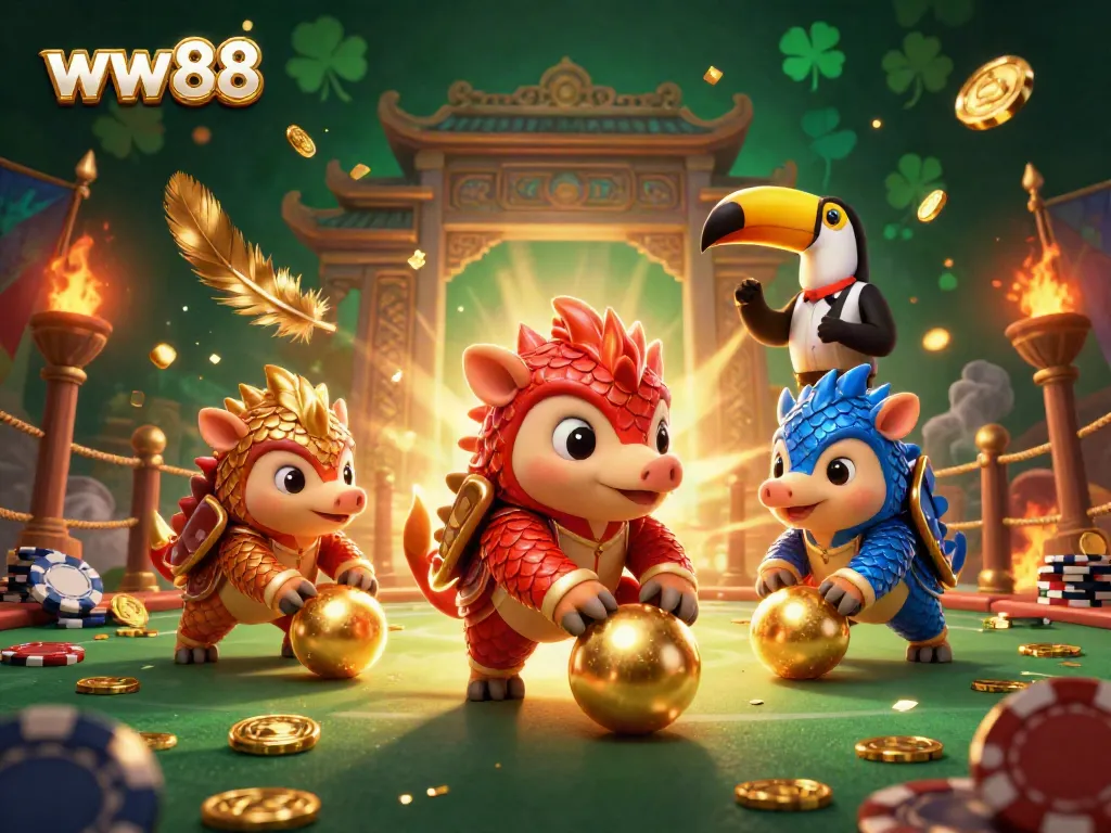 Epic scene of rival pangolins at ww88 bowling through poker chips in a vibrant casino setting.