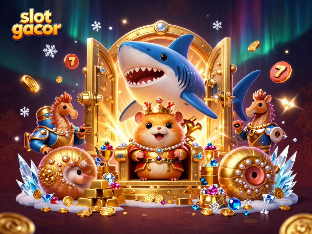 Menangkan slot gacor dengan raja hamster emas yang mengesankan di latar belakang harta karun yang bersinar