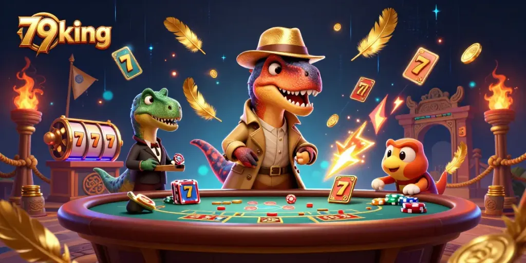 79 king blackjack scene featuring a velociraptor card counter, stegosaurus pit boss, and a compy pickpocket sneaking chips
