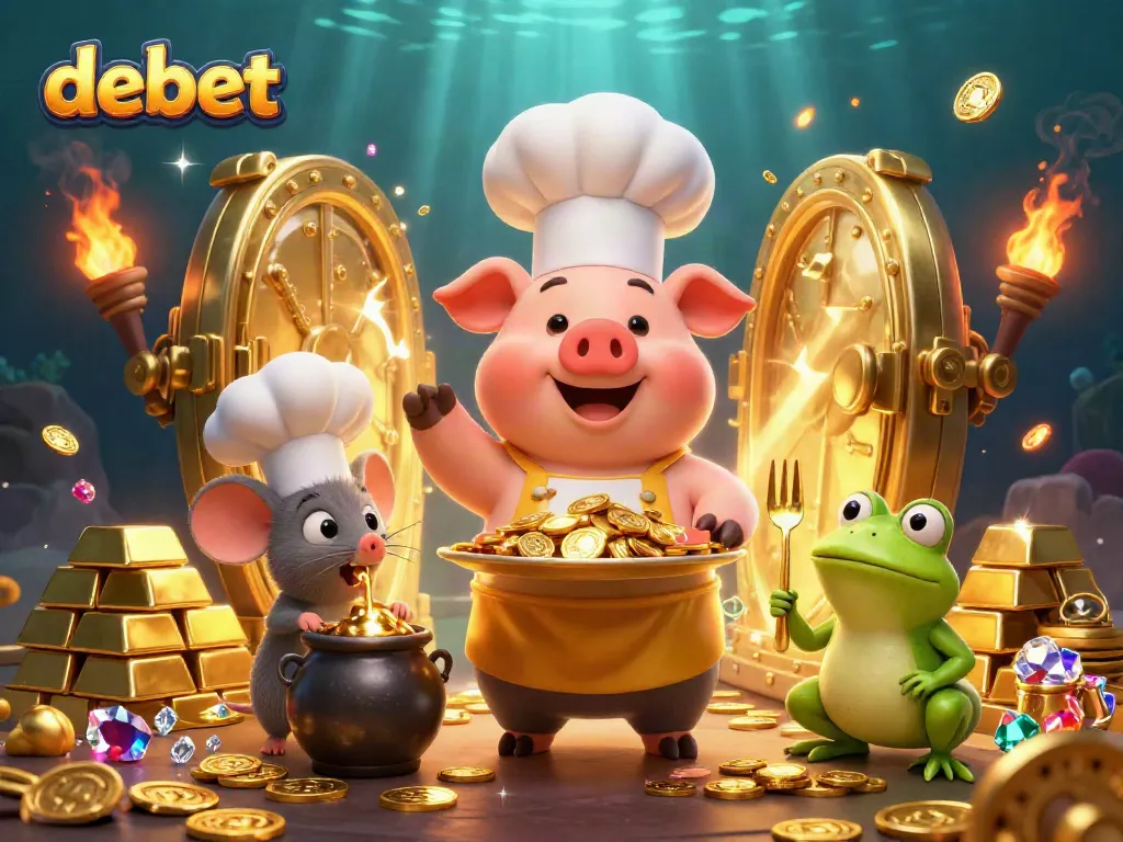 Engage in the allure of debet with gold coins served by a chef pig amidst treasures.