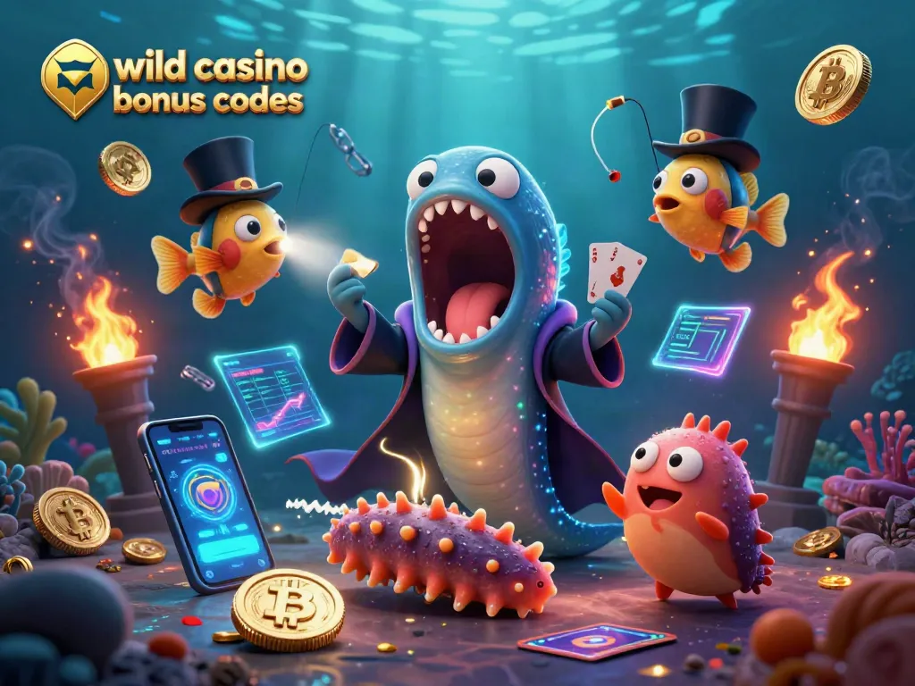 Engage with wild casino bonus codes as a cartoon eel magician captivates with card tricks and crypto coins.