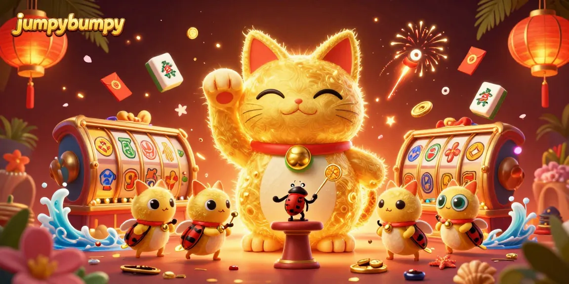 Engage with jumpybumpy at a vibrant casino scene featuring lucky cat and dynamic game symbols.