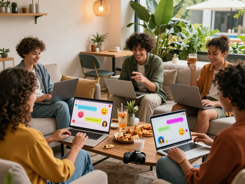 Engaging spicy chat scene showing friends chatting online in vibrant settings with devices and lively emojis.