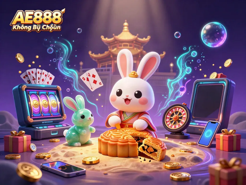 Play exciting games with AE888 Không Bị Chặn, featuring animated moon rabbits and casino elements.
