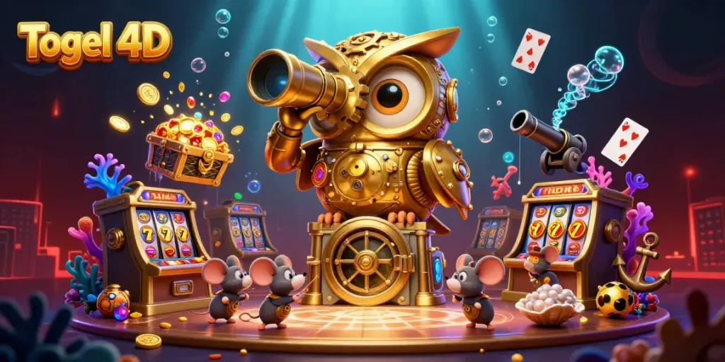 Ilustrasi Togel 4D dengan burung hantu emas dan roda slot dalam suasana kasino