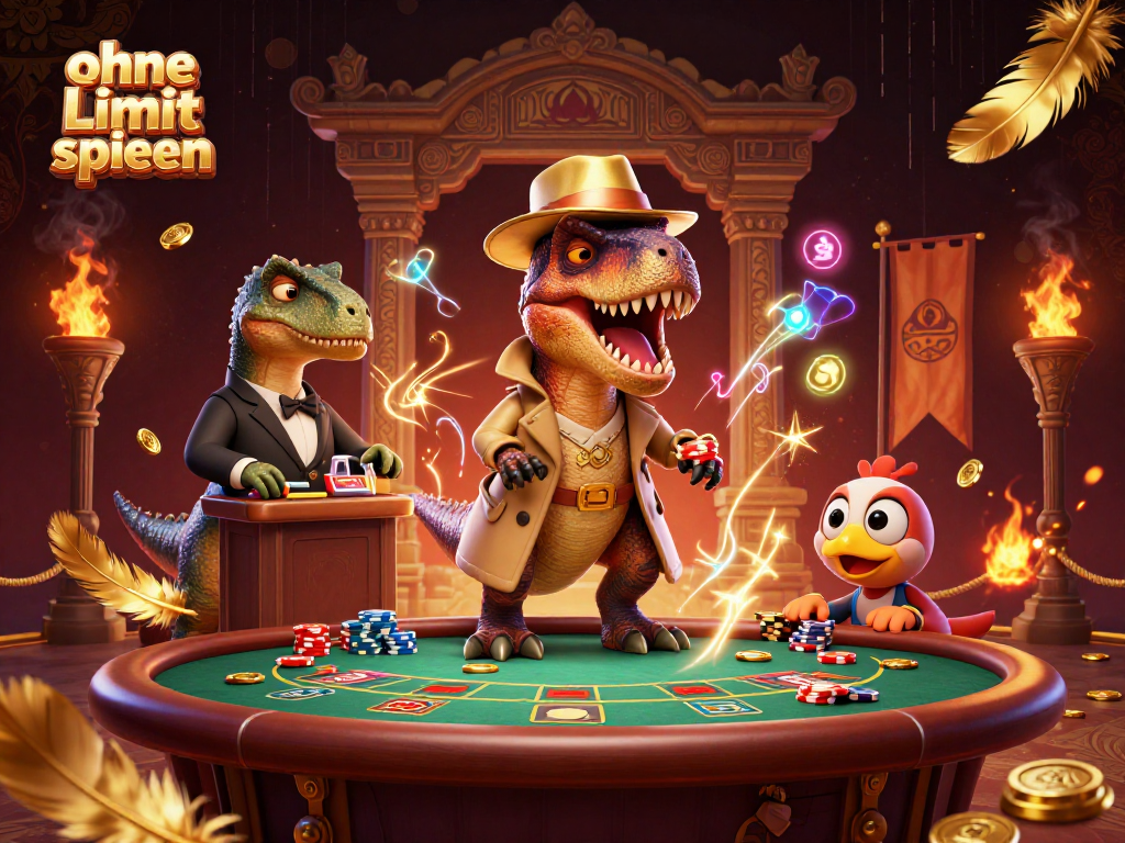 Engage in ohne Limit spielen with cartoon dinosaurs at an exaggerated blackjack table.