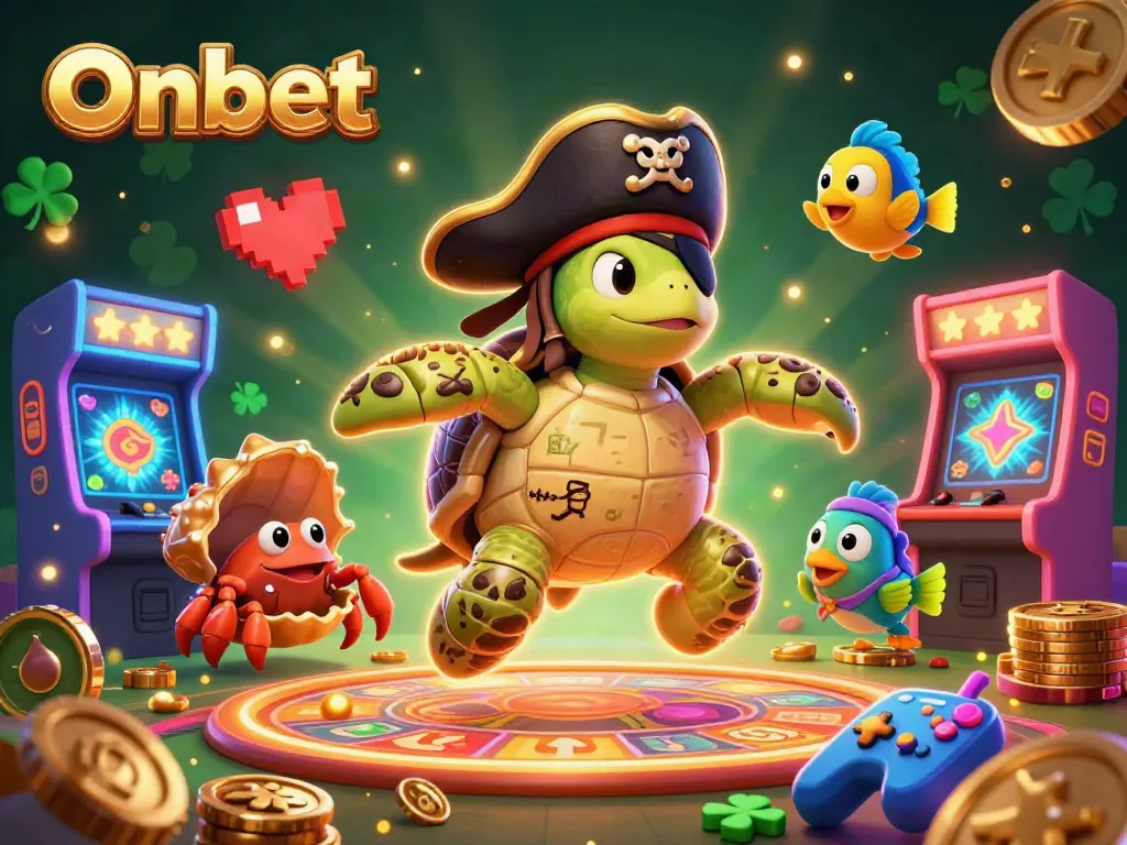 Experience Onbet's vibrant world with a cartoon turtle and treasure amidst a colorful casino atmosphere.