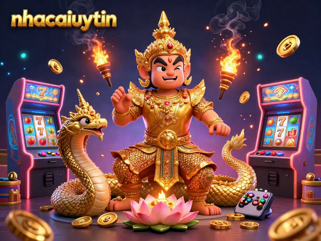 Win big with nhacaiuytin as a 3D guardian and Naga serpents showcase vibrant slot reels.