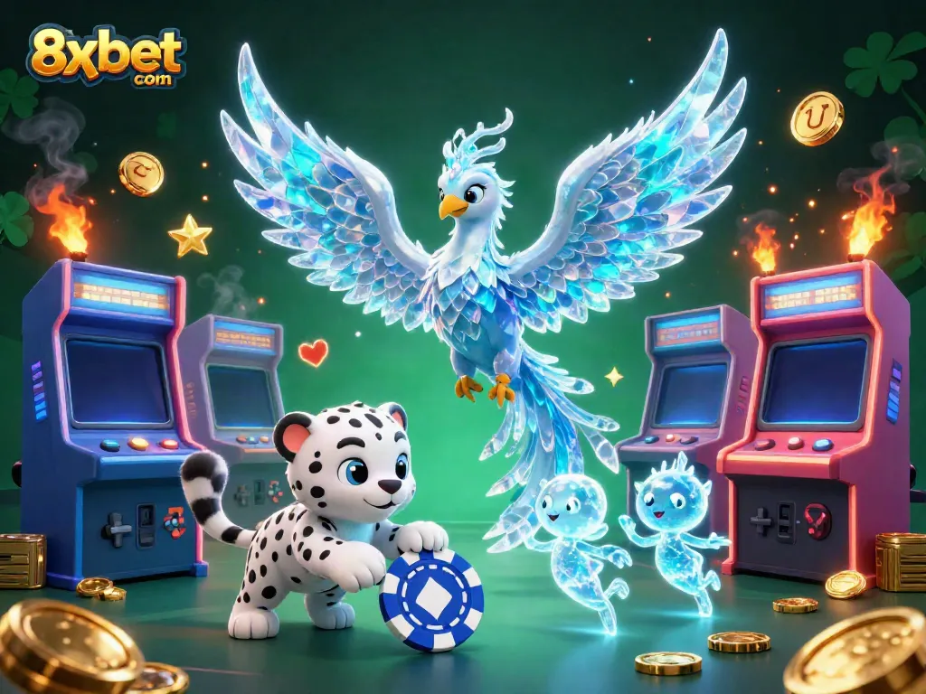 Engage with thrilling action at 8xbet com, depicted in a vibrant, fantasy-inspired casino scene featuring dynamic characters and game elements.