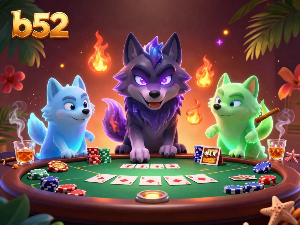 Join the excitement at b52 casino with a dynamic scene featuring glowing spectral wolves playing poker surrounded by colorful chips and ambient effects.