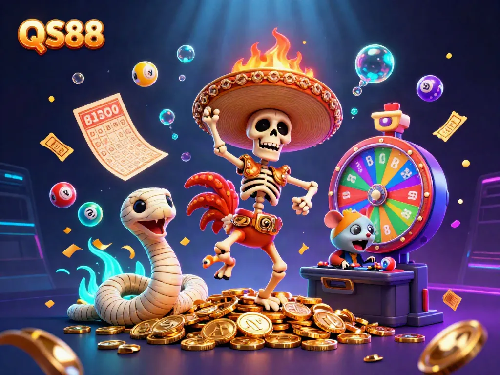 Celebrate winning at QS88 with vibrant game elements, a festive skeleton, and colorful lottery balls.