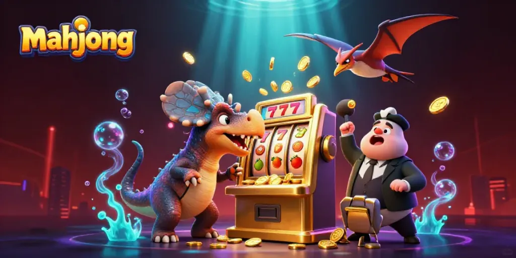 Gambaran mahjong yang menunjukkan dinosaurus mengalahkan mesin slot dengan koin jackpot terbang di sekelilingnya.