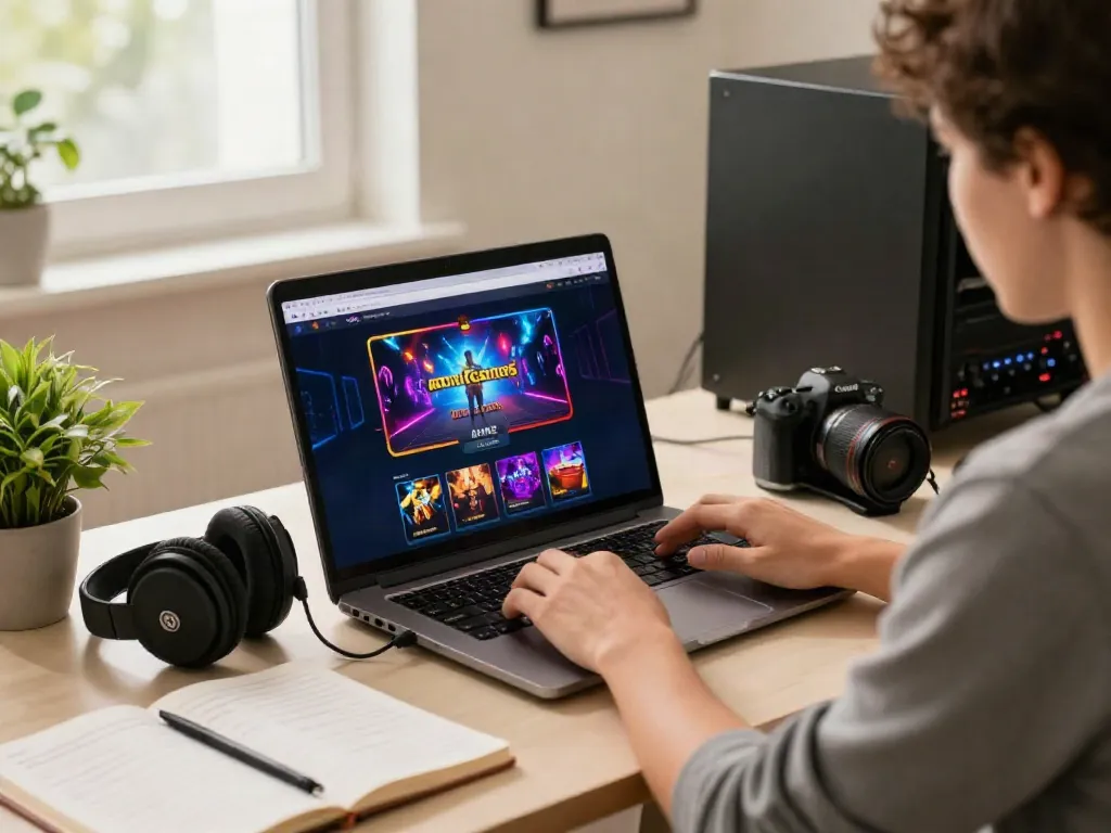 Player exploring AMEX casinos online in a cozy home office setting with gaming gear and warm lighting.