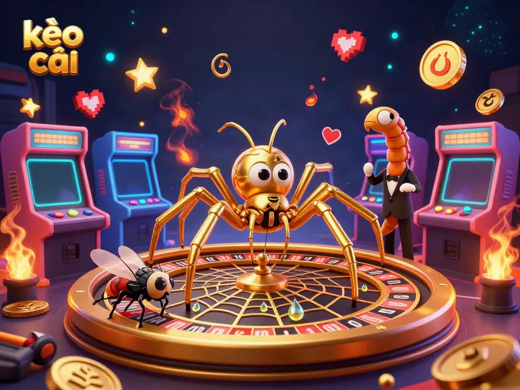 Experience excitement with kèo nhà cái as the golden spider spins a roulette wheel web, surrounded by arcade elements.