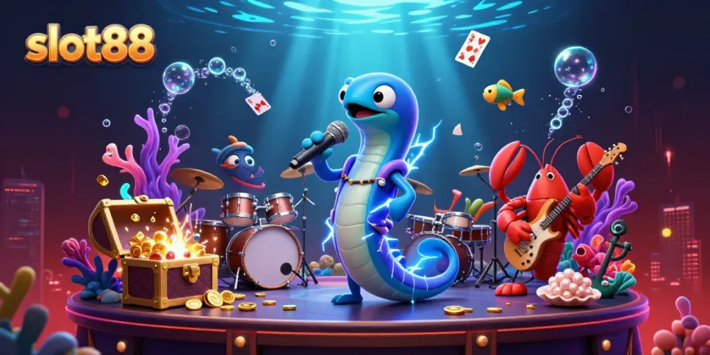 Menghadirkan slot88 dalam ilustrasi kasino bawah laut yang menyenangkan dengan karakter unik.
