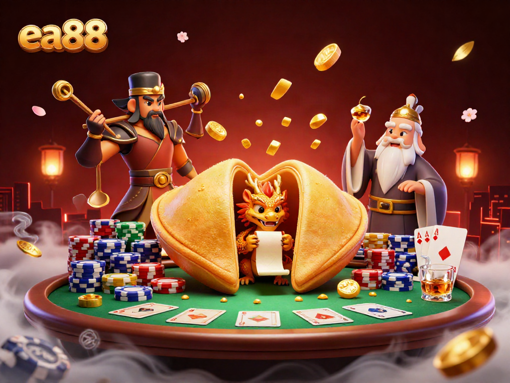 ea88 poker scene with a giant fortune cookie and a wise dragon reading a fortune scroll.