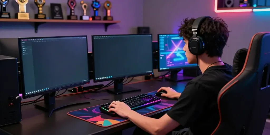 Engaged player at QQMacan gaming setup, showcasing modern elements and vibrant atmosphere.