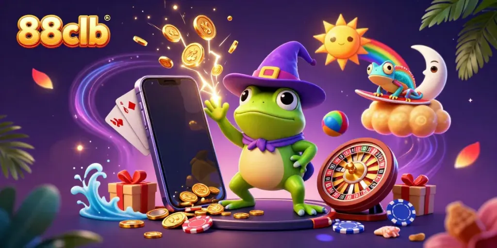 Win big with 88clb in this vibrant illustration of a wizard frog and chameleon amidst casino elements.
