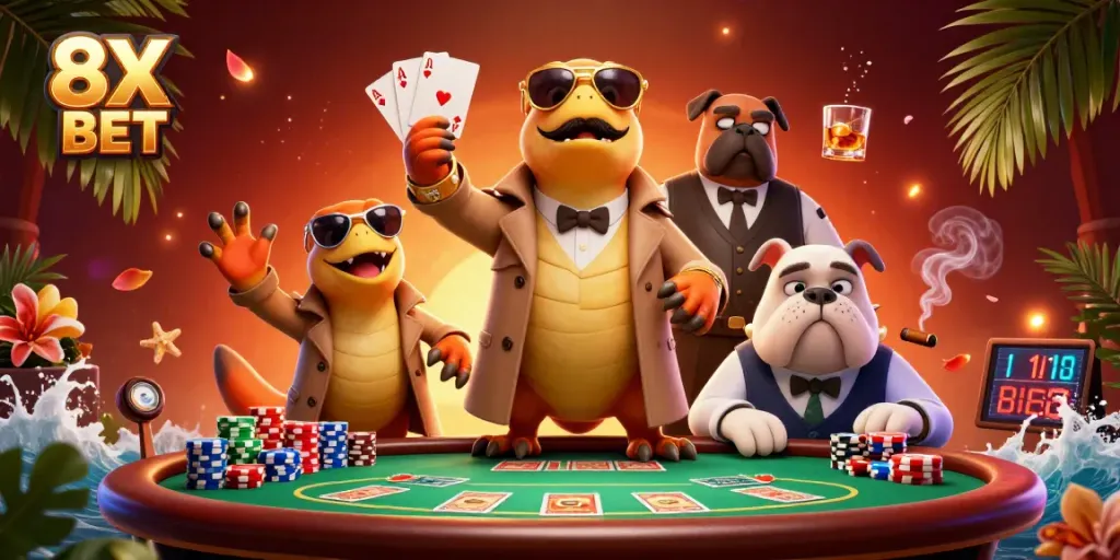 Experience thrilling action at 8X BET with cartoon raptors and a bulldog in a vibrant casino scene.