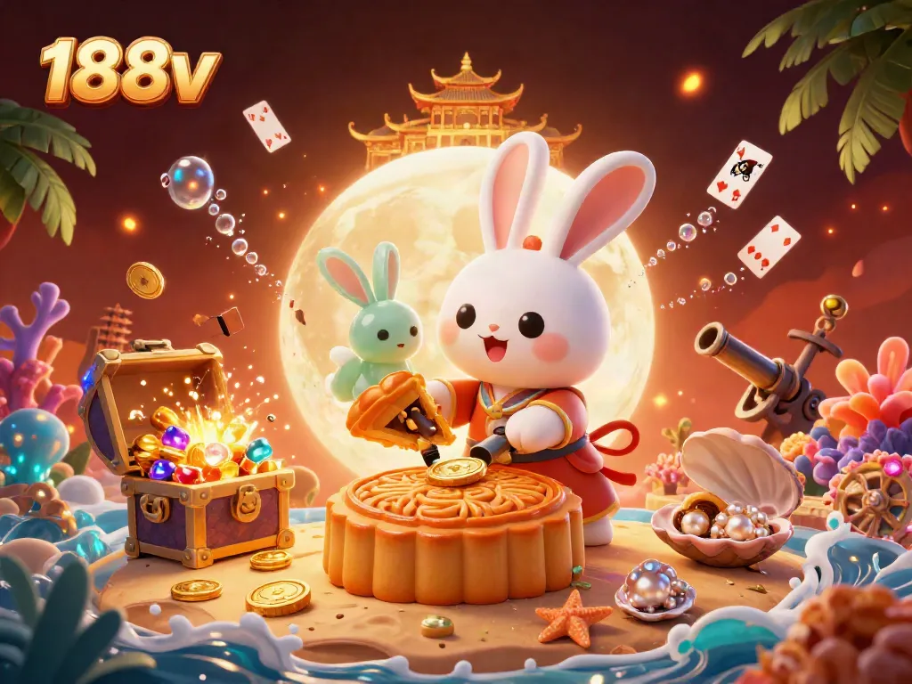 Engage in thrilling casino excitement with 188v as the moon rabbit reveals poker chips from mooncakes.