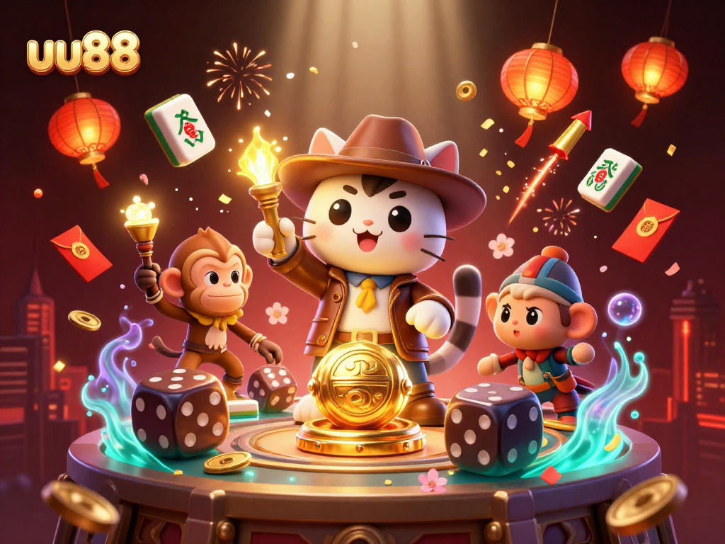 uu88 showcases an exciting scene of a cat archaeologist finding a golden casino artifact surrounded by vibrant gambling elements.
