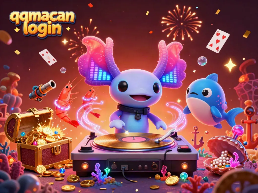 Engage with qqmacan login as neon axolotl DJ spins records amidst vibrant underwater treasures.