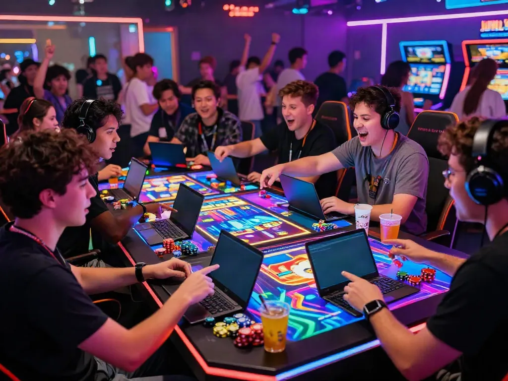 Exciting gaming competition scene for slot gacor hari ini with enthusiastic players at neon-lit table.