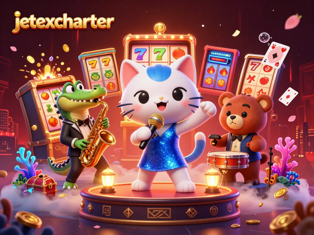 Experience the thrill with jetexcharter's vibrant casino scene featuring slots and lively characters.