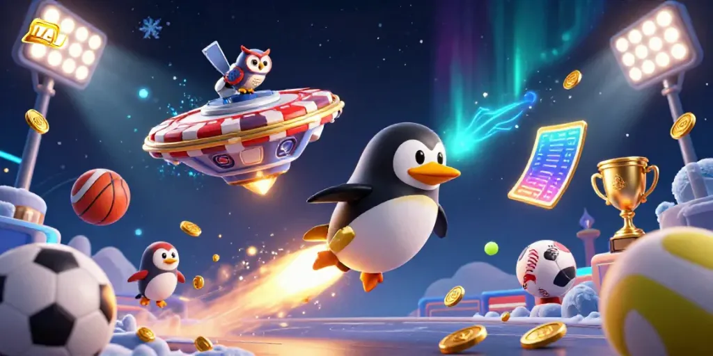 The masciadev rocket-powered penguin blasts off toward a casino with sports elements in vivid detail.
