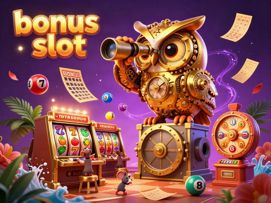 Experience the thrill of bonus slot gameplay with vibrant casino elements in a dynamic 3D illustration.