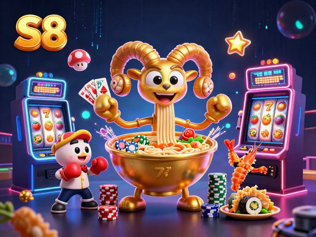 S8 slot machine scene with playful characters celebrating and dealing cards, vibrant casino atmosphere