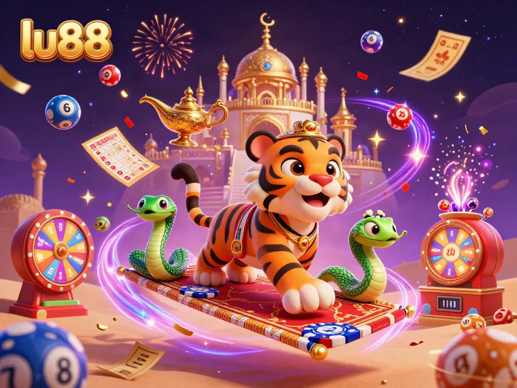 Experience the excitement of lu88 with a vibrant casino scene featuring a tiger sultan on a poker chip carpet.