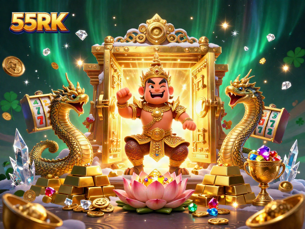 Experience the vibrant world of casino gaming with 55RK's enchanting 3D illustration showcasing treasures and luck.