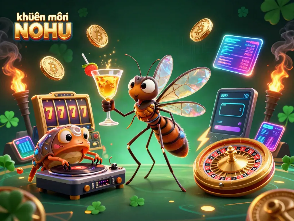 Experience the exhilarating khuyến mãi NOHU as a frozen-in-amber mosquito mascot holds a cocktail, with gambling elements swirling around.