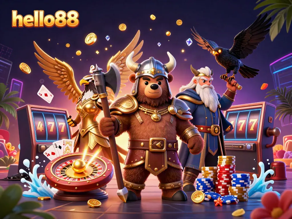 Experience thrilling wins with hello88 as Viking characters battle through sparkling casino treasures.