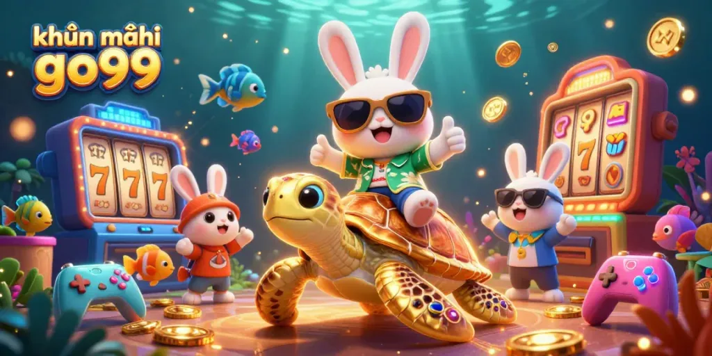 Join the fun with khuyến mãi go99 as the lucky rabbit rides a giant turtle amidst colorful casino elements!
