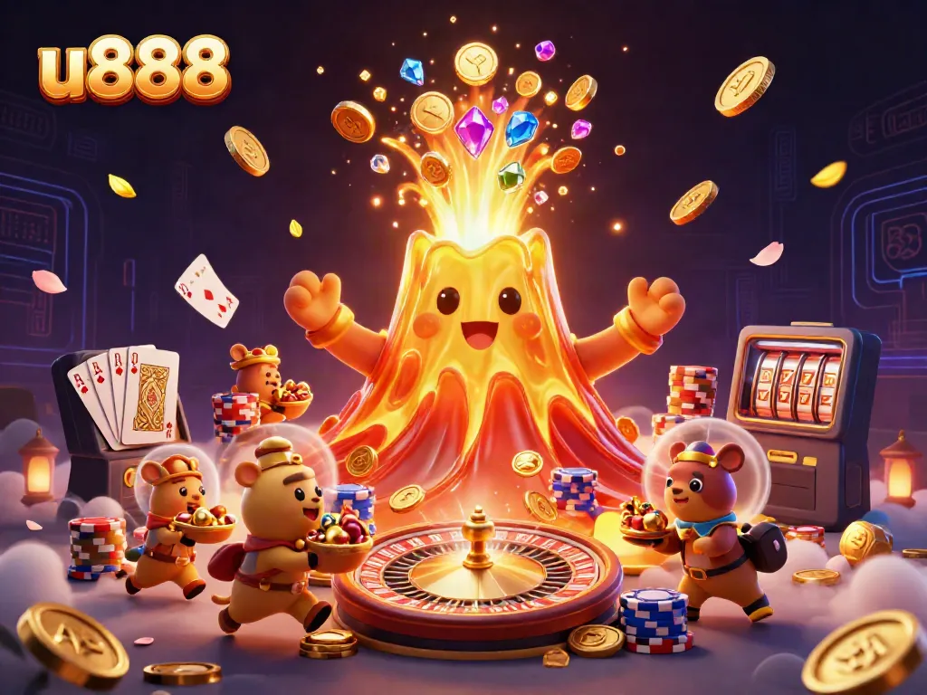 u888 welcomes players with vibrant treasures and thrilling casino elements in a dynamic 3D scene.