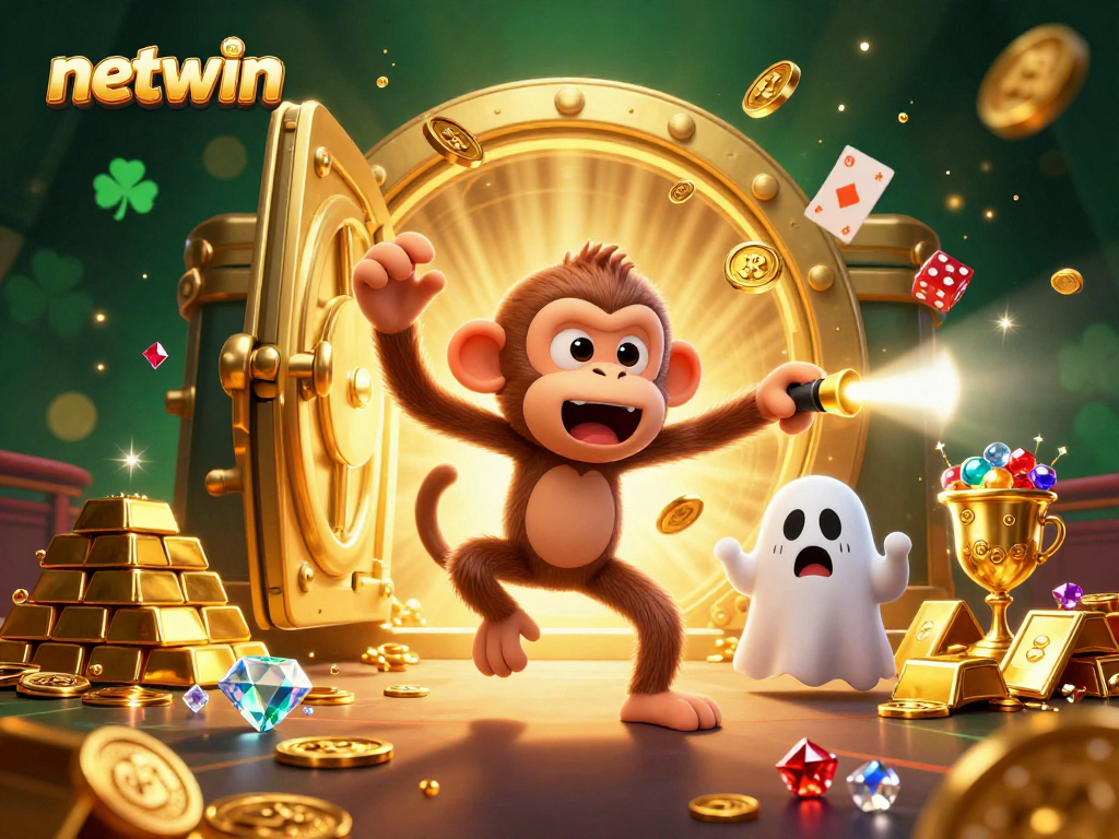 Experience the thrill of netwin with a playful poltergeist monkey juggling golden coins in a lively casino.
