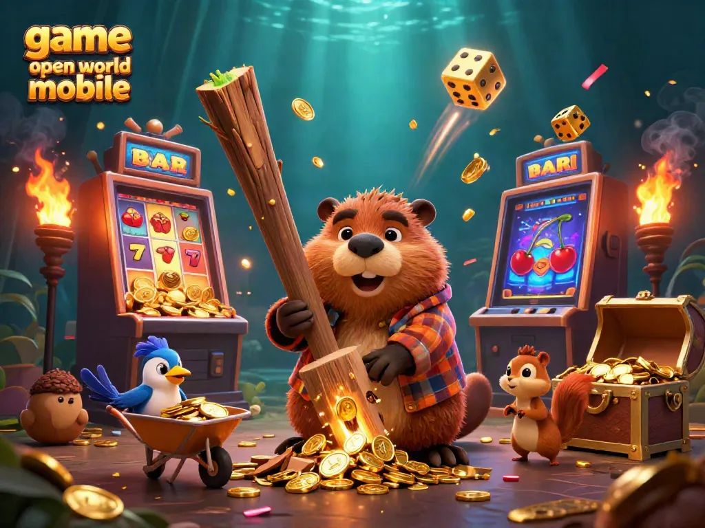 Permainan open world mobile menampilkan tupai emas, beruang, dan mesin slot yang bersinar dengan koin.
