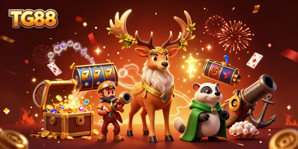 Engage in thrilling gameplay with TG88's vibrant casino scene featuring mystical characters and dynamic game elements