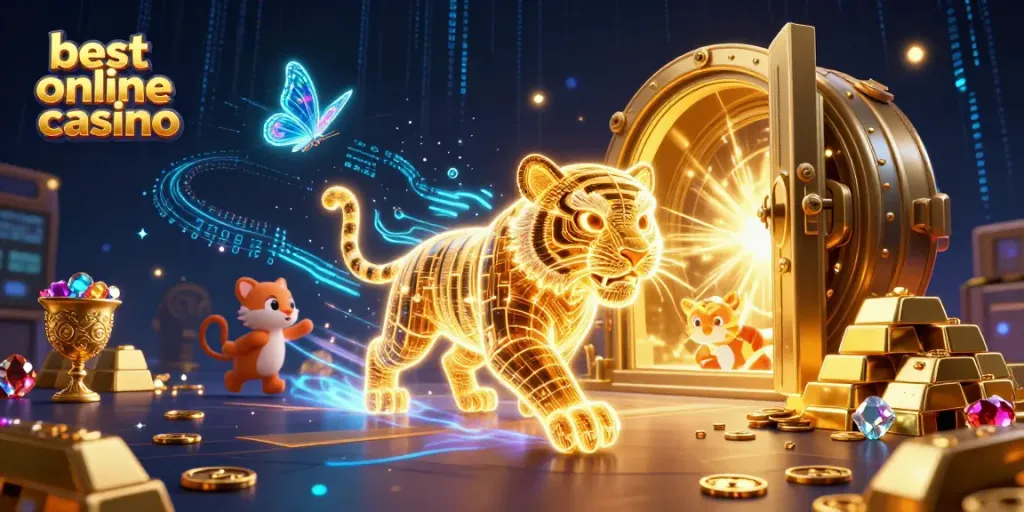 Experience the best online casino vibe with a neon tiger and treasure in a digital realm.