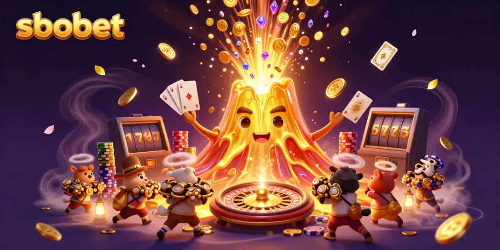 Bet on sbobet with excitement as a golden volcano erupts treasures, coins, and roulette wheel glows.