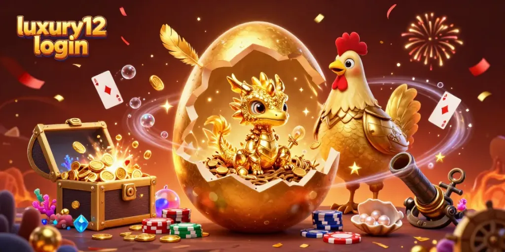 Experience luxury12 login with a captivating dragon guarding poker chips and vibrant casino elements.