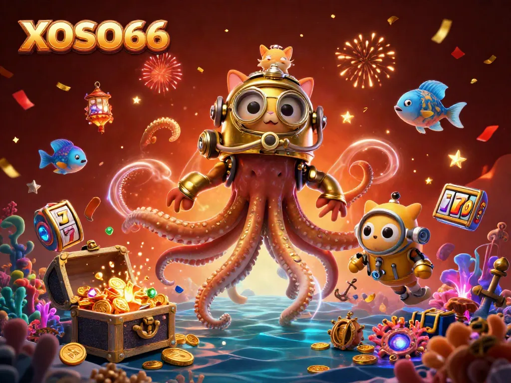 XOSO66 captivates with a kraken and diving cat amid slot reels and treasure, showcasing rich gambling themes.