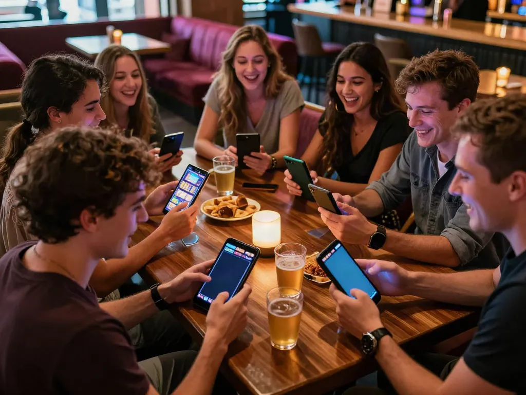 Friends enjoying luxury12 slots in a vibrant lounge setting, capturing excitement and social interaction.