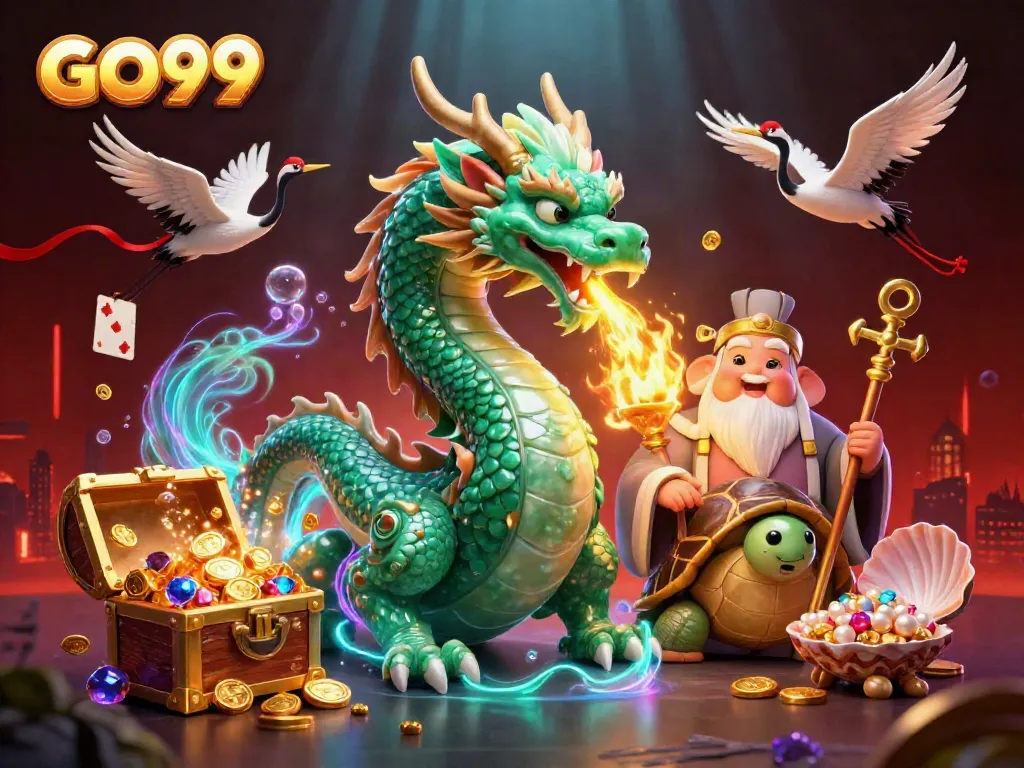 Engage with GO99's vibrant casino adventure featuring a dragon and lucky cranes amidst dynamic game elements.