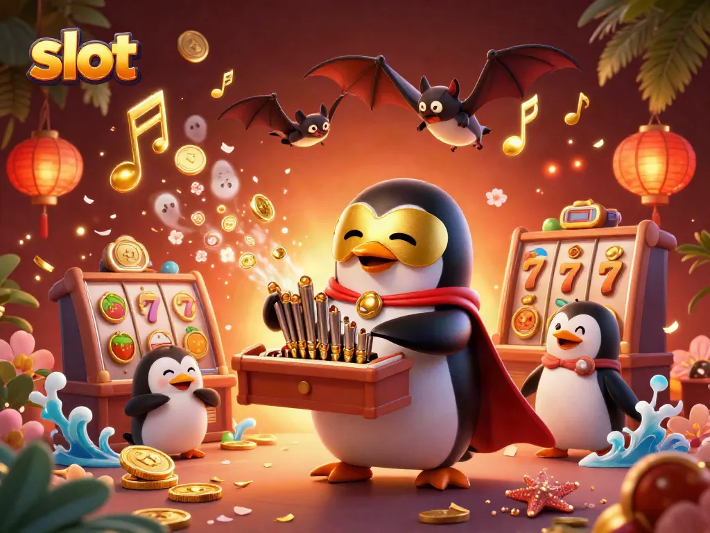 Experience thrilling slot action with a vibrant 3D penguin organist surrounded by dynamic casino elements.