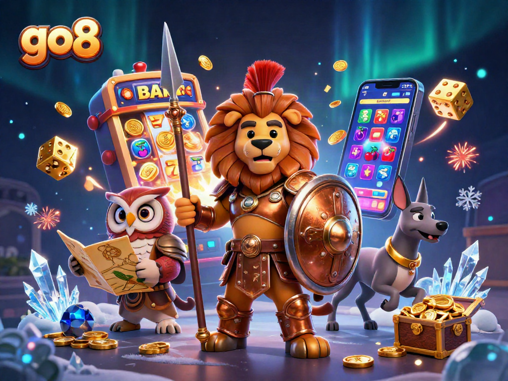 Spin and win with go8 at the vibrant slot machine, featuring a hero lion and strategic owl.