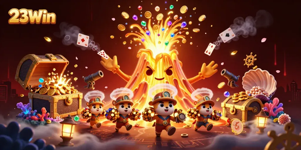 Experience exciting wins with 23Win as golden treasures erupt from the volcano in this vibrant scene.
